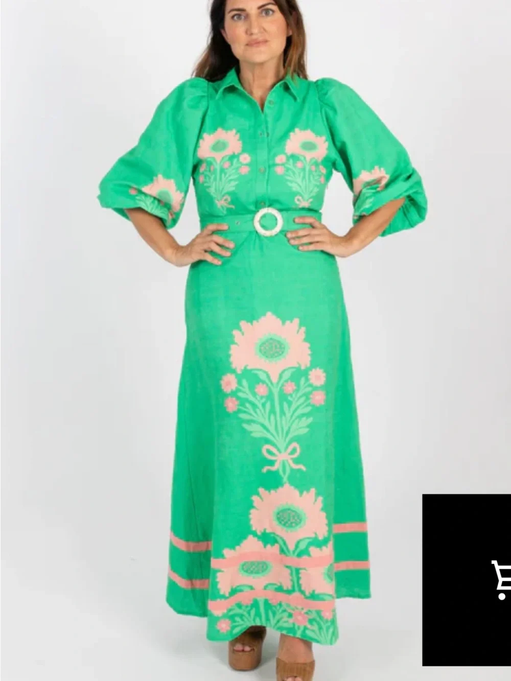 Green Midi Dress with Pink Floral Embroidery and Belt - Picture 1 of 1